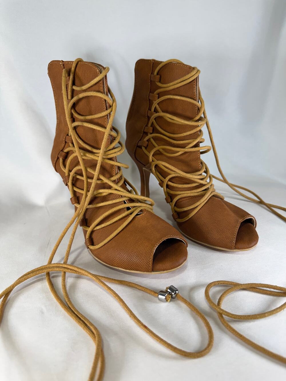 Burju Women's Brown Lace Up Peep Toe Ankle Bootie Heels Corset Strappy 5.5 - 6.0